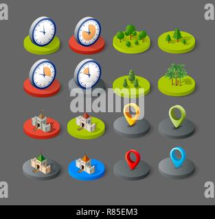 Isometric vector 3D icon city buildings for infographic concept set which includes house, offices homes shop stores, supermarkets and industrial eleme Stock Vector