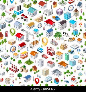 Texture of urban seamless repeating pattern of isometric city facilities such as homes, buildings, factories, plants and trees. Web elements for backg Stock Vector