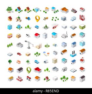 Isometric vector 3D icon city buildings for web concept set which includes house, crane, homes shop stores, supermarkets and industrial elements Stock Vector