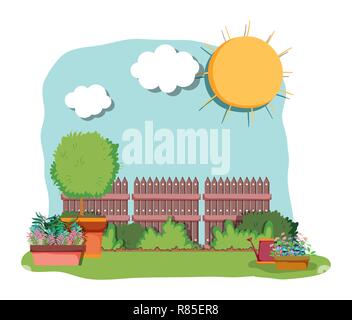 wood grillage with bushes plant and sun with clouds Stock Vector