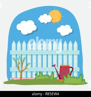 tree with wood grillage and watering can Stock Vector