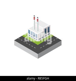 Isometric urban icon perspective view on factory building vector in dimensional style. 3d element building manufacturing and producing Stock Vector