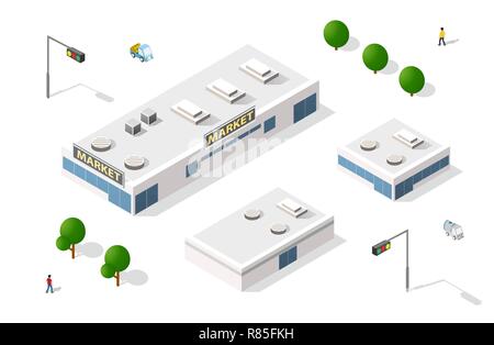 Vector set 3D isometric shopping mall building supermarket icons infographic elements Stock Vector