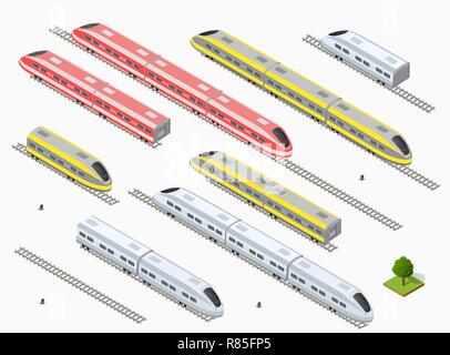 Fast modern high speed train. Vector flat 3d isometric illustration of public transport. Freight transportation to carry large numbers of passengers.  Stock Vector