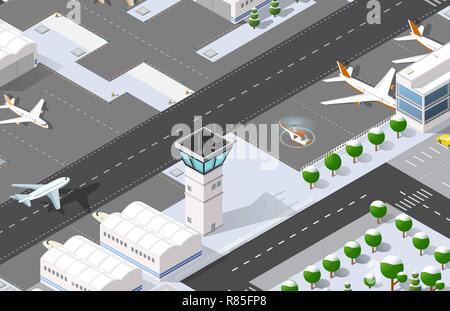 Isometric 3D airport dimensional illustration with jet airplane parking hotel waiting hall. Aircraft runway airline, terminal transportation Stock Vector