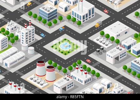 Isometric plant in 3D dimensional projection includes factories and industrial buildings, boilers, warehouses, hangars, power stations, streets, roads Stock Vector