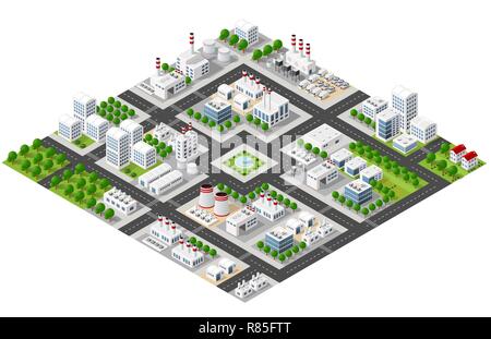 Isometric plant in 3D dimensional projection includes factories and industrial buildings, boilers, warehouses, hangars, power stations, streets, roads Stock Vector