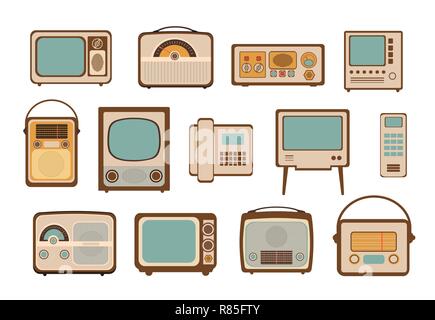 Vintage vector illustrations icon set with retro radio, old media, TV, phone and electrical household goods Stock Vector