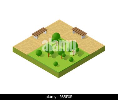 Natural ecological landscape isometric icon. City natural ecological sign of town infrastructure trees, lawns, garden paths and benches Stock Vector