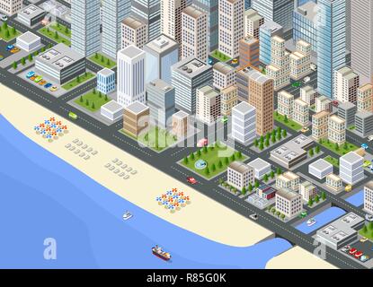 Illustration isometric large megalopolis city district with the streets, the promenade and the beach with umbrellas and sunbeds Stock Vector