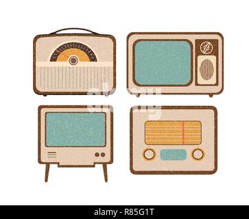 Set of retro home electronics radio TV in vintage style Stock Vector