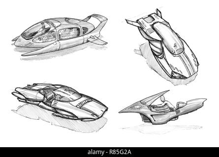 Set of Ink Concept Art Drawings of Futuristic Hoover or Flying Cars or Vehicles Stock Photo