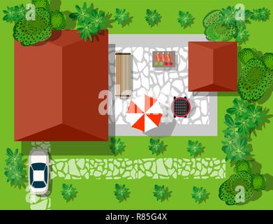 Top view of houses and streets with trees. Vector village and park view from top flat graphic Stock Vector