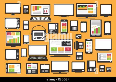 Retro set radio tv vintage silhouette for invitations, business cards, kit conceptual flat design Stock Vector