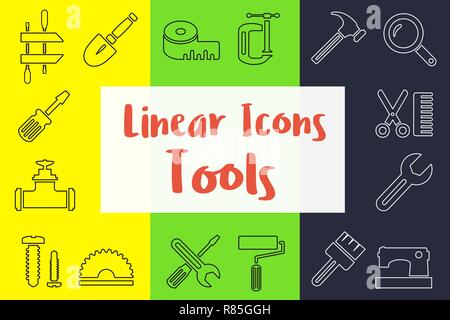 Set of linear icons in the flat style manufactured type with industrial tools and objects Stock Vector