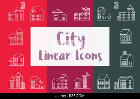 Set city urban icons in flat style with houses, skyscrapers and buildings Stock Vector