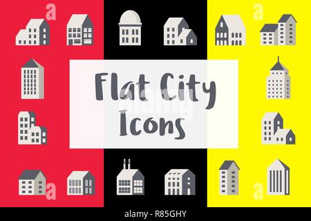 Set city urban icons in flat style with houses, skyscrapers and buildings Stock Vector