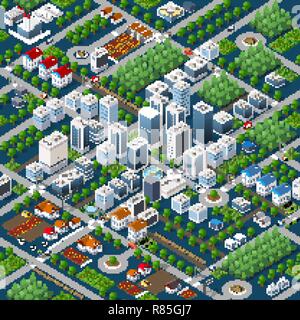 Isometric 3D megapolis city structure seamless pattern with streets, houses, trees and transport Stock Vector