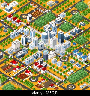 Isometric 3D megapolis city structure seamless pattern with streets, houses, trees and transport Stock Vector