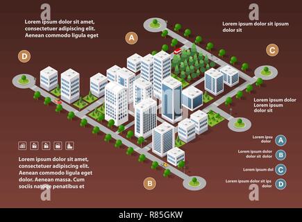 Isometric 3D city megapolis structure urban landscape top view with streets, houses, trees and transport Stock Vector