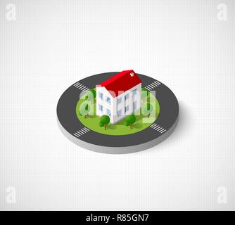 3D isometric city icon. Dimensional sign and symbol on urban theme with building, houses and structure for real estate agencies and sites Stock Vector