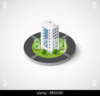 3D isometric city icon. Dimensional sign and symbol on urban theme with building, houses and structure for real estate agencies and sites Stock Vector