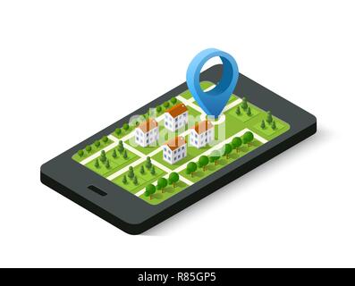 Isometric 3D navigation sign and pin symbol on mobile phone city urban map indicating the location and direction Stock Vector