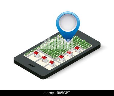 Isometric 3D navigation sign and pin symbol on mobile phone city urban map indicating the location and direction Stock Vector