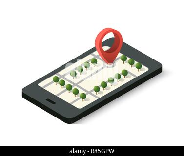 Isometric 3D navigation sign and pin symbol on mobile phone city urban map indicating the location and direction Stock Vector