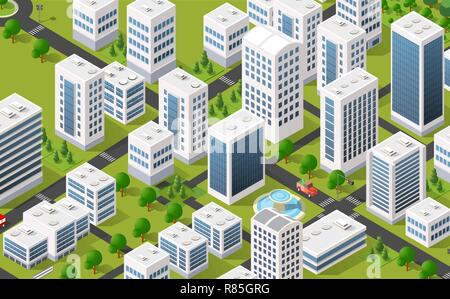Isometric 3D metropolis city quarter with streets, skyscrapers, trees and houses. Urban landscape top view Stock Vector