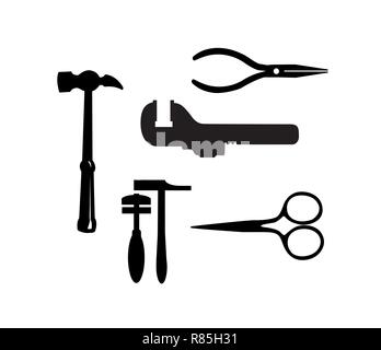 Silhouette building tool set. Drawing plan layout of industrial and home instrument for construction and repair Stock Vector