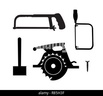 Silhouette building tool set. Drawing plan layout of industrial and home instrument for construction and repair Stock Vector