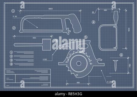 Blueprint building tool set. Drawing plan layout of industrial and home instrument for construction and repair Stock Vector