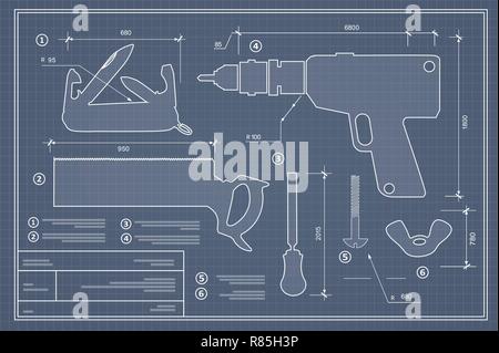 Blueprint building tool set. Drawing plan layout of industrial and home instrument for construction and repair Stock Vector