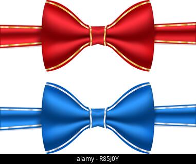 Red and blue bow ties with golden frame stitching Stock Vector
