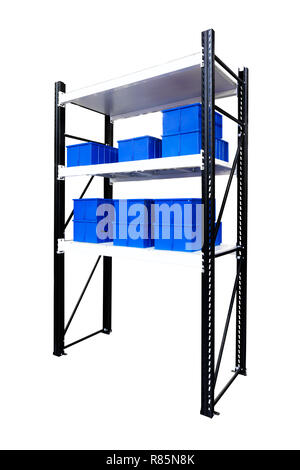 Blue plastic boxes in the cells of the automated warehouse. Metal construction warehouse shelving on white background Stock Photo