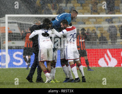 Lyon s head coach Bruno Genesio and his players are seen celebrating after the UEFA Champions League Group F football match between Shakhtar Donetsk and Lyon at the NSK Olimpiyskyi in Kiev