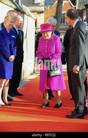 Her Majesty The Queen (Elizabeth II) accompanied by His Royal Highness The Duke of York (Prince Andrew - not seen), visiting The Honourable Society of Lincoln Inn to officially open the new Ashworth Centre and re-open the recently renovated Great Hall of London. Stock Photo