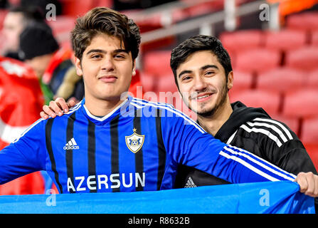 London, UK. 13th December, 2018. Qarabag supporters before the UEFA Europa League group stage match between Arsenal and Qarabag FK at the Emirates Stadium, London, England on 13 December 2018. Photo by Phil Hutchinson.  Editorial use only, license required for commercial use. No use in betting, games or a single club/league/player publications. Credit: UK Sports Pics Ltd/Alamy Live News Stock Photo