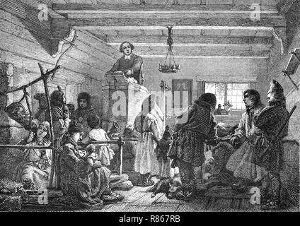Digital improved reproduction, Preacher in a village church in the south of Lapland, Prediger in einer Dorfkirche im SÃ¼den von Lappland, from an original print from the year 1855 Stock Photo