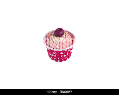 Rose chocolate cupcake with the cherry on top in red cup  isolated on white background Stock Photo