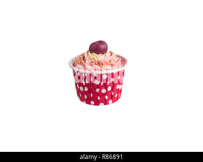 Rose chocolate cupcake with the cherry on top in red cup  isolated on white background Stock Photo