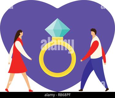 An offer of marriage. Man proposes a woman to marry him and gives an engagement ring. Vector illustration in cartoon style Stock Vector