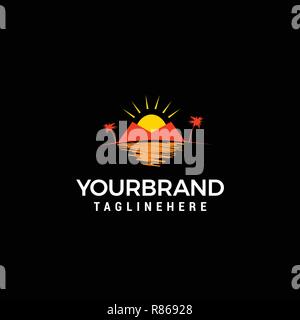 Heart shaped tropical beach and palm tree logo design. Stock Vector