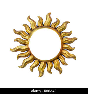 Golden sun shape frame with sunrays isolated on white. Wooden decor ornament template symbol painted on gold paint. Summer weather and heat sign. Stock Photo