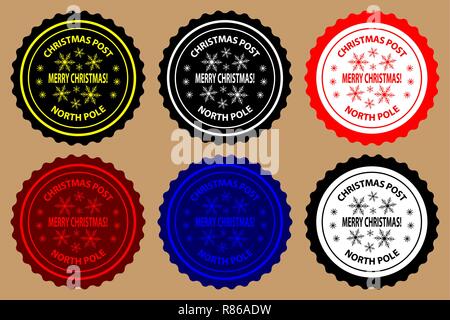 Merry Christmas, Christmas Post, North Pole (seal, rubber stamp, sticker) vector, black, white, yellow, red, blue, Stock Vector