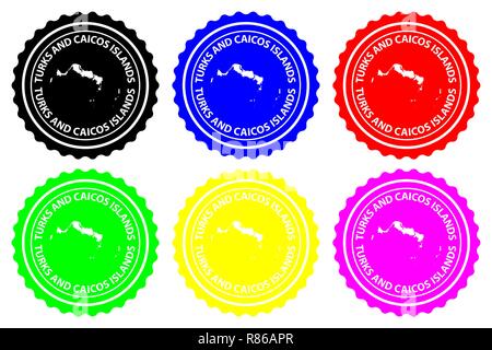 Turks and Caicos Islands - rubber stamp - vector, Turks and Caicos Islands map pattern - sticker - black, blue, green, yellow, purple and red Stock Vector