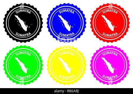 Sumatra - rubber stamp - vector, Sumatra map pattern - sticker - black, blue, green, yellow, purple and red Stock Vector