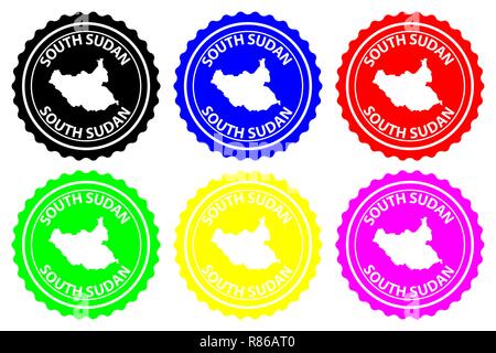 South Sudan - rubber stamp - vector, Republic of South Sudan map pattern - sticker - black, blue, green, yellow, purple and red Stock Vector