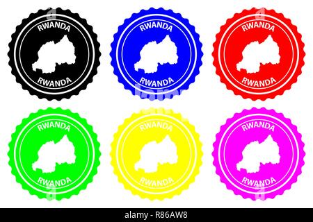 Rwanda - rubber stamp - vector, Republic of Rwanda map pattern - sticker - black, blue, green, yellow, purple and red Stock Vector